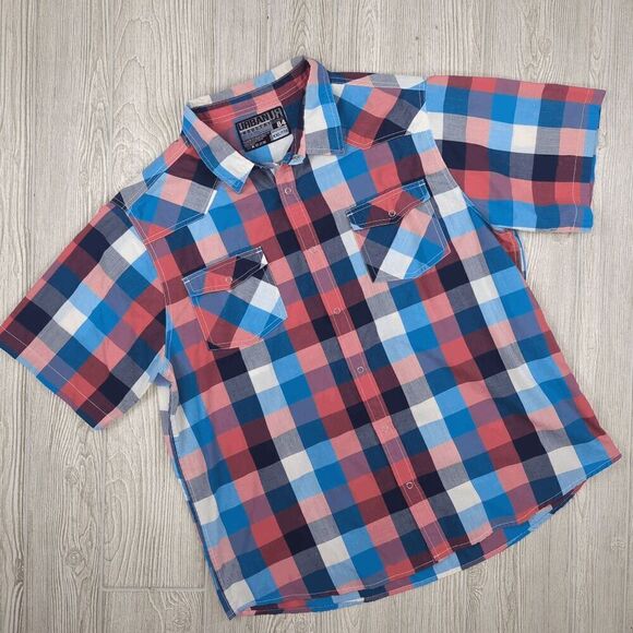 Urban Industry Men XXL Checkered Red Blue Short Sleeve Casual Button Down Shirt - Picture 3 of 8